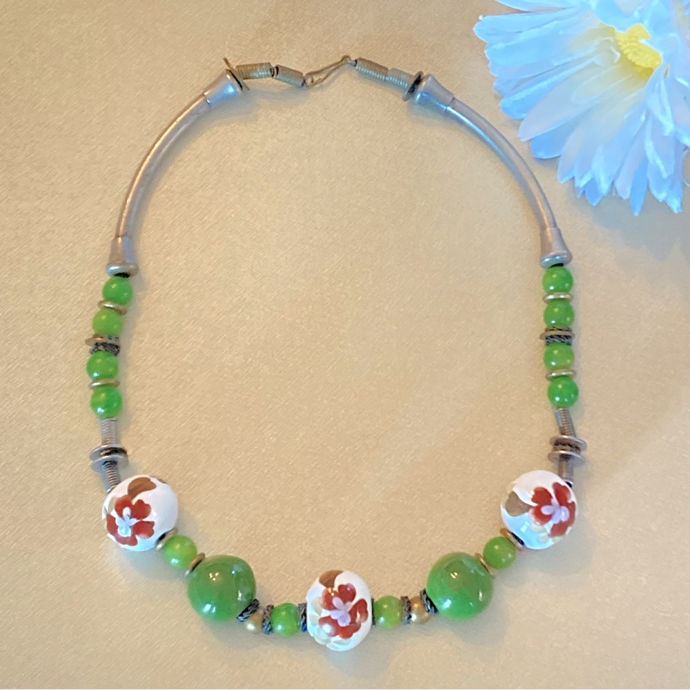 Vintage Silver Tone Beaded Statement Necklace